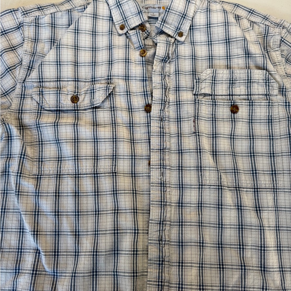 Carhartt Men's White and Blue Plaid Button-Down Work Shirt